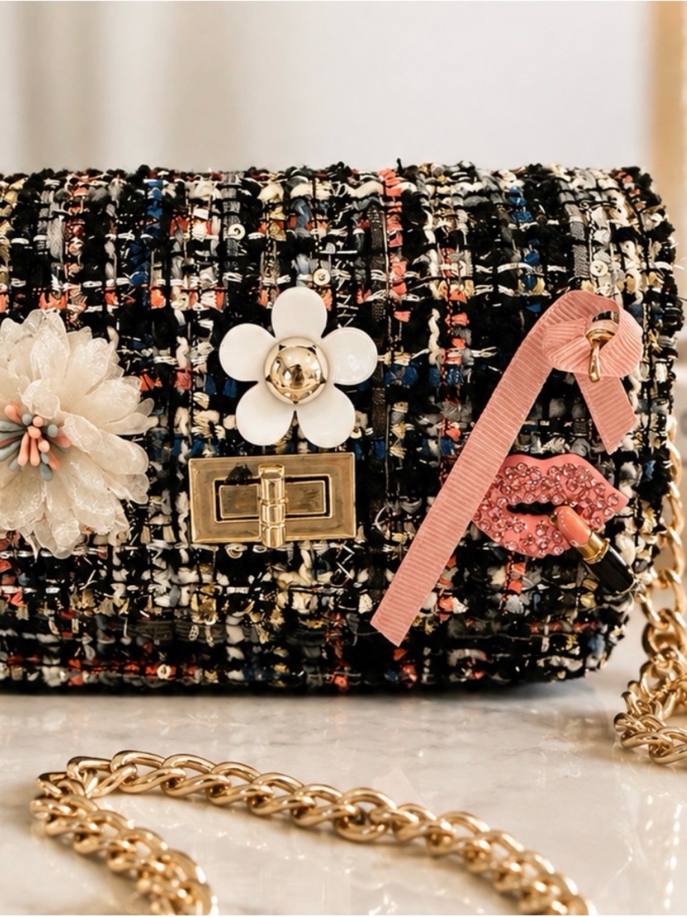 Tweed Chain Crossbody Bag with Floral and Lip Embellishments - Black & Pink mini